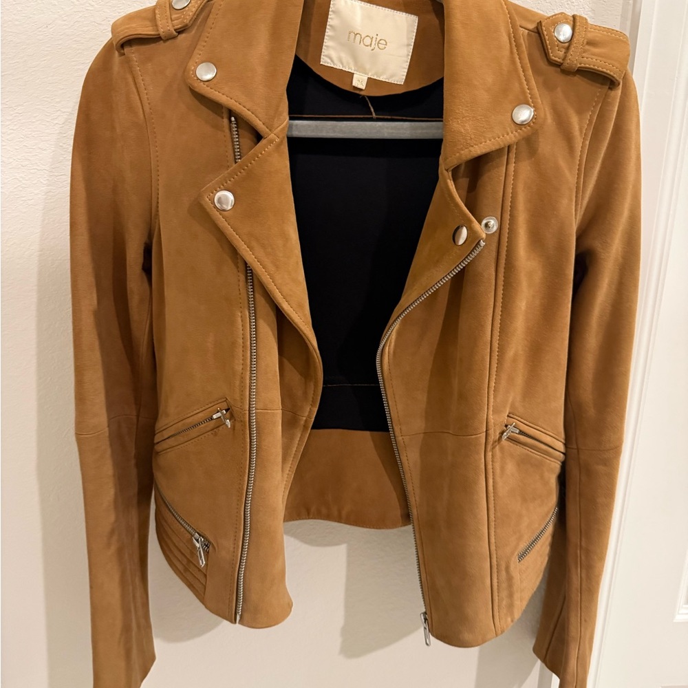 Maje Camel Leather Biker Jacket